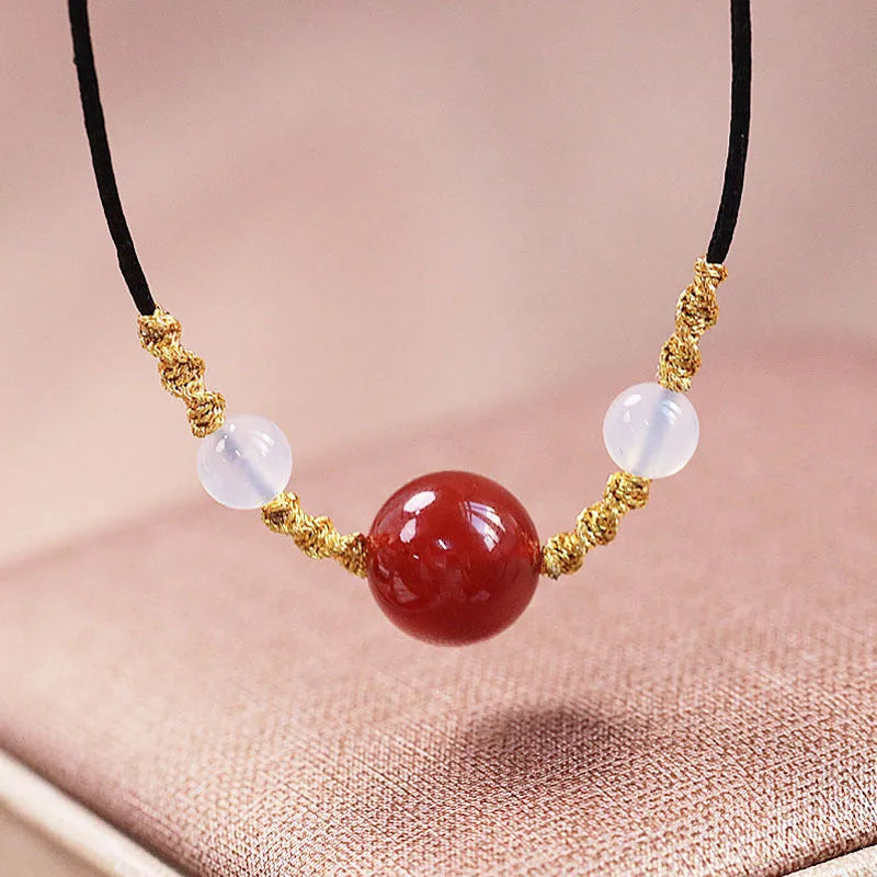 Natural red agate bracelet and necklace set with hand-woven beads in national style