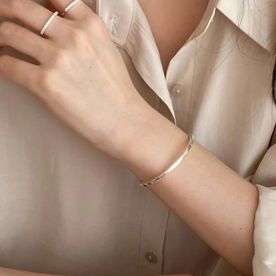 Modern Sterling Silver Square Line Bracelet for Women 3mm Width Electroplated Finish Japanese Korean Style Gift Occasion Jewellery Plain Silver or 18K Gold Colour Options