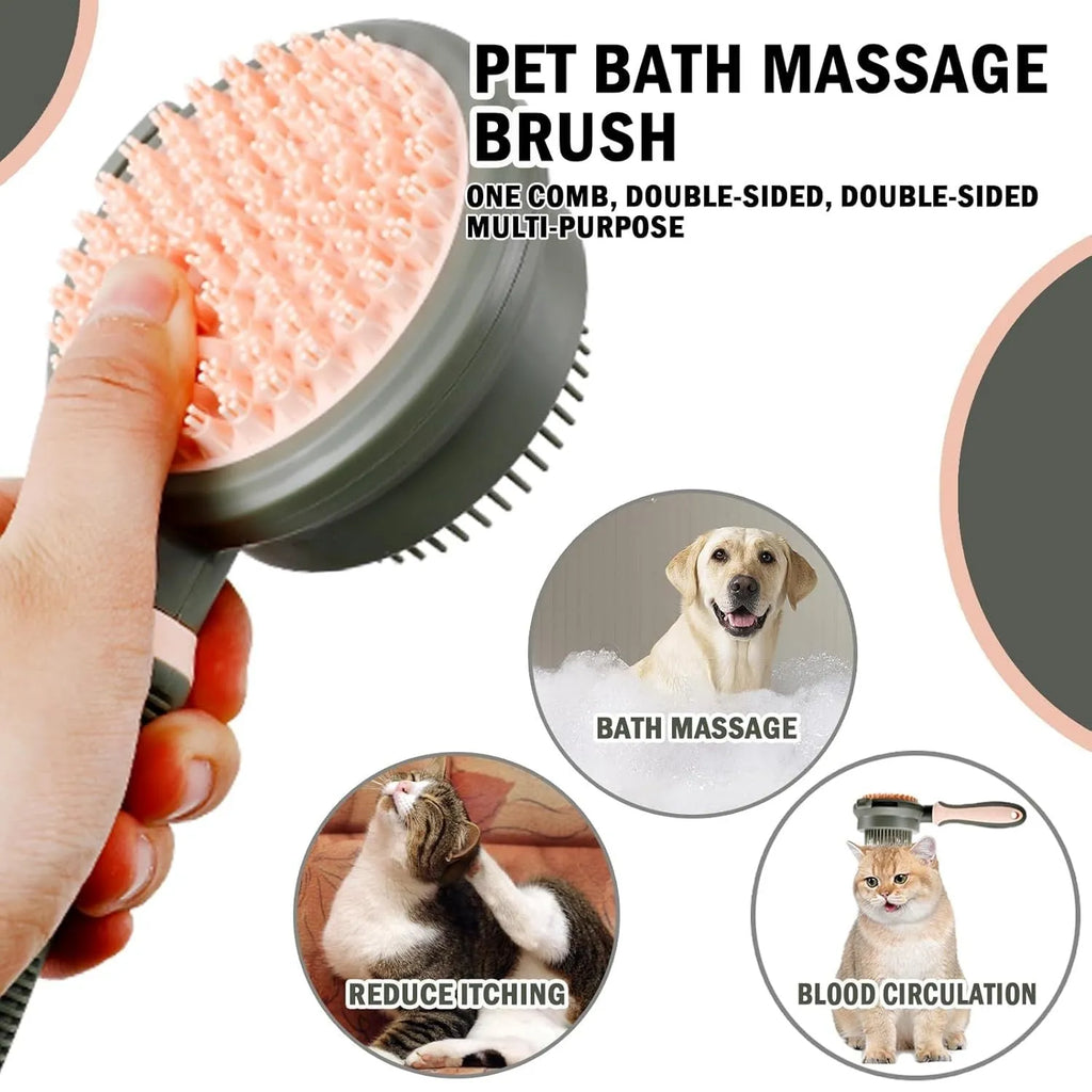 Double-sided pink cat brush with flea comb on reverse side and release button