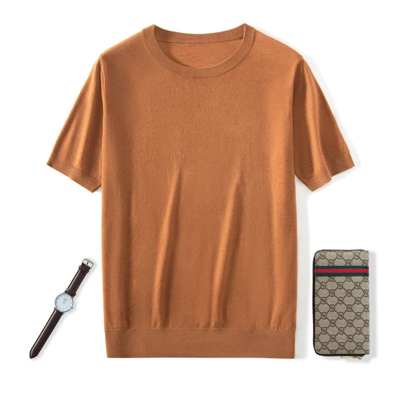 Men's loose-fit knitted casual short sleeve shirt in a choice of eight colours including black, blue, and grey.