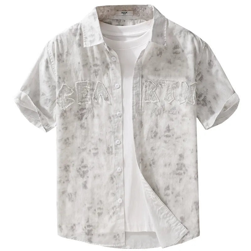 Men's grey white loose fit cotton short sleeve cardigan with a hanging dyed print design