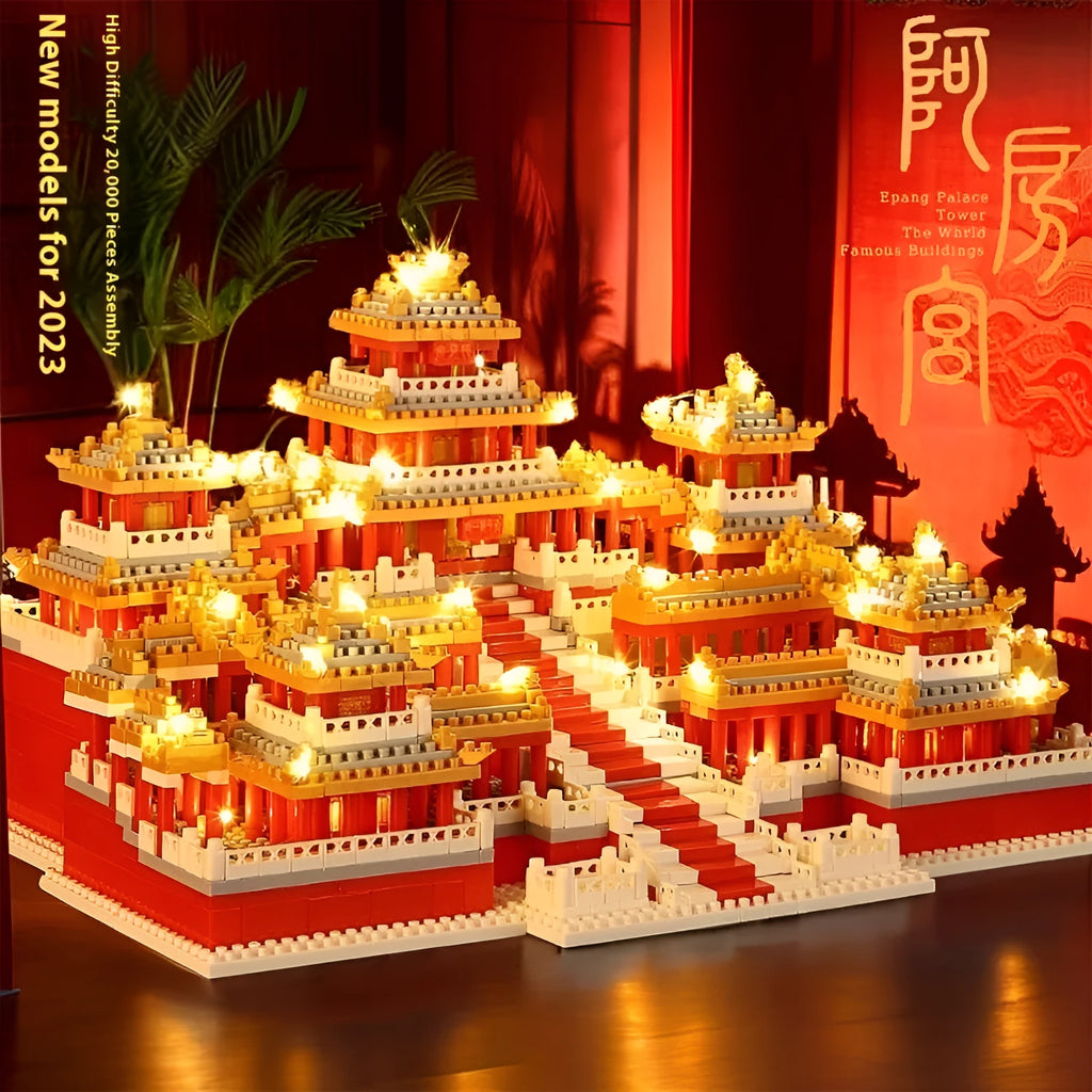 Micro plastic building blocks set assembling into a high-difficulty landmark model like the Eiffel Tower