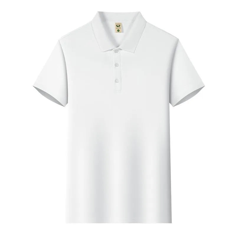 Ice Silk short sleeve lapel business shirt in multiple colours on a size chart background.