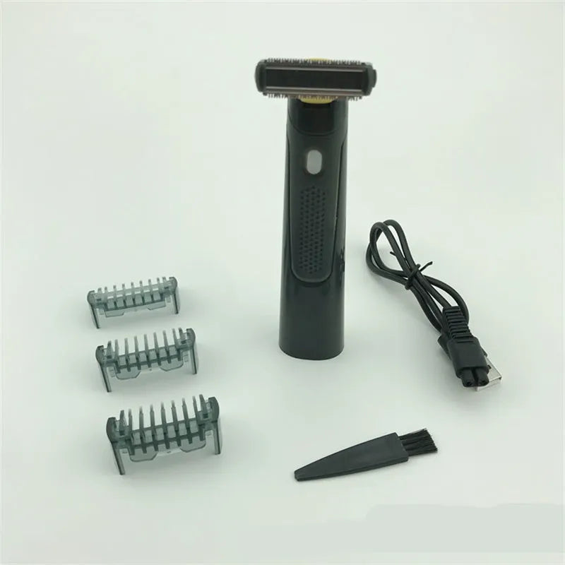 Black rechargeable men's precision shaver with LED light on and stainless steel blades.