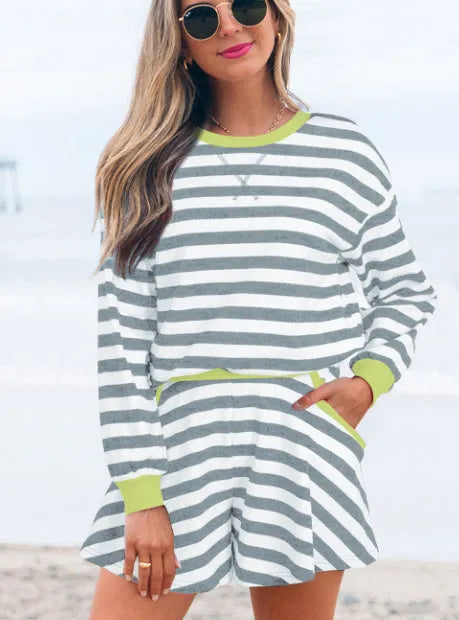 Women's loose fit long sleeve blouse and shorts set with contrast ribbed sleeve banding