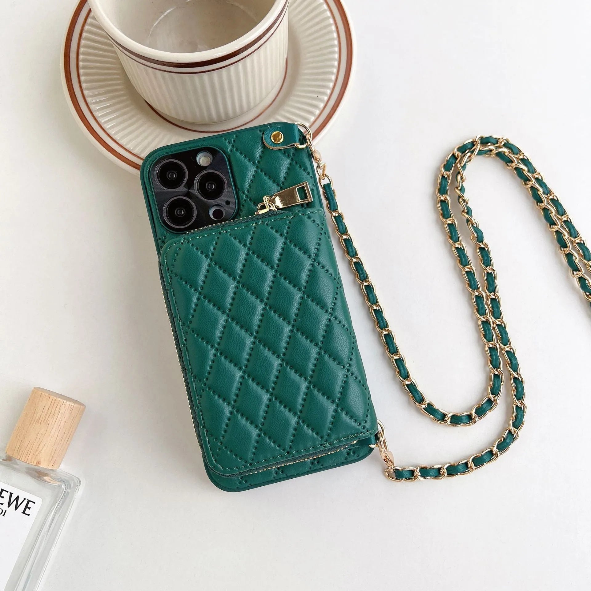 Lambskin phone case with rhombic pattern, card holder, and chain in white for Apple iPhone