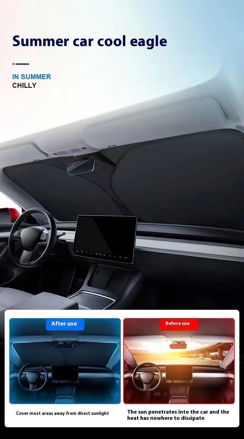 Titanium silver aluminium foil car windscreen sunshade unfolded on a dashboard.