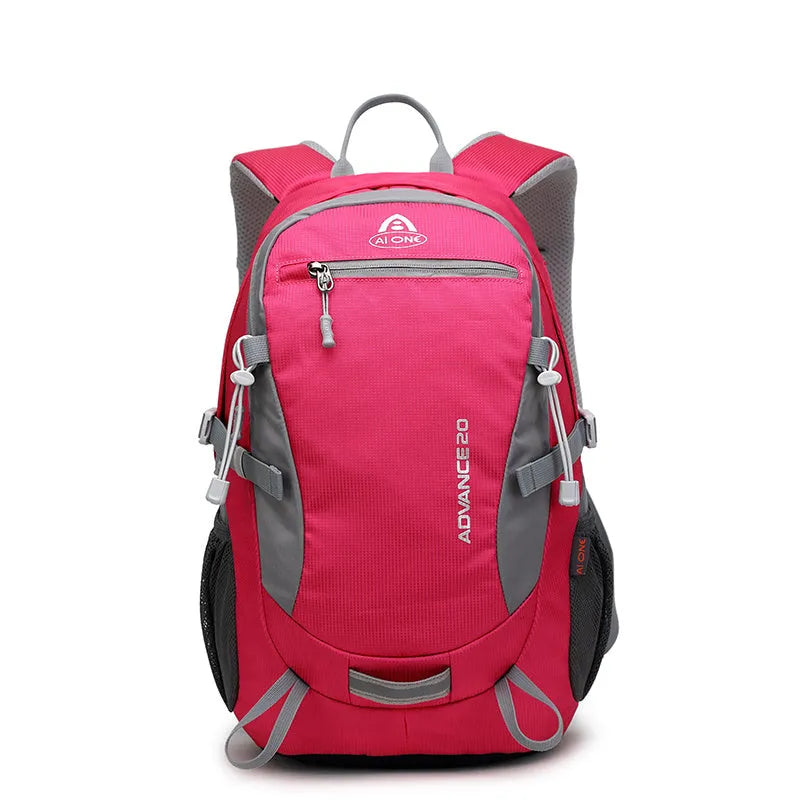 20 litre backpack shown in available colour options: black, blue, green, orange, red, rose red, and turquoise.