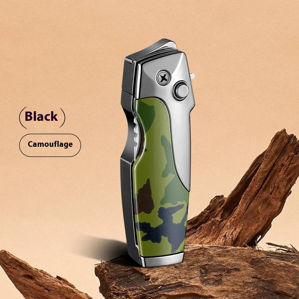 Zinc alloy metal folding lighter tool with integrated knife, shown in a carbon fibre finish.