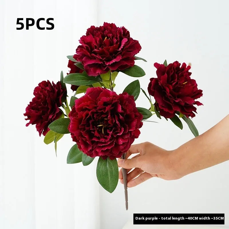40cm artificial silk peony 5-head bouquet in light champagne colour on white background
