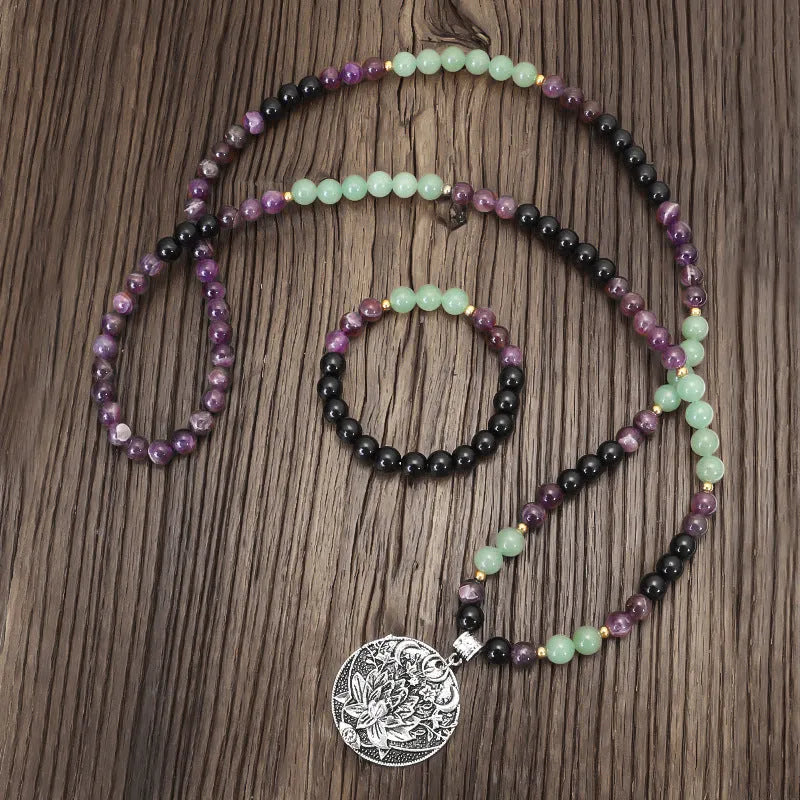 Yoga lotus pendant necklace with handmade stone beads and matching bracelet set