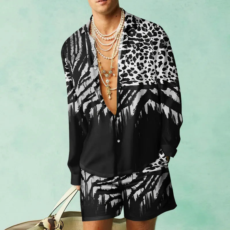 Men's slim fit long sleeve shirt and matching shorts casual summer set on a hanger.