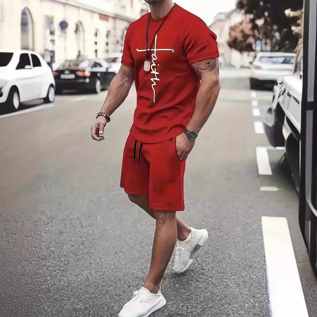 Casual sports suit round neck short sleeve 3D digital print two-piece set polyester fibre summer