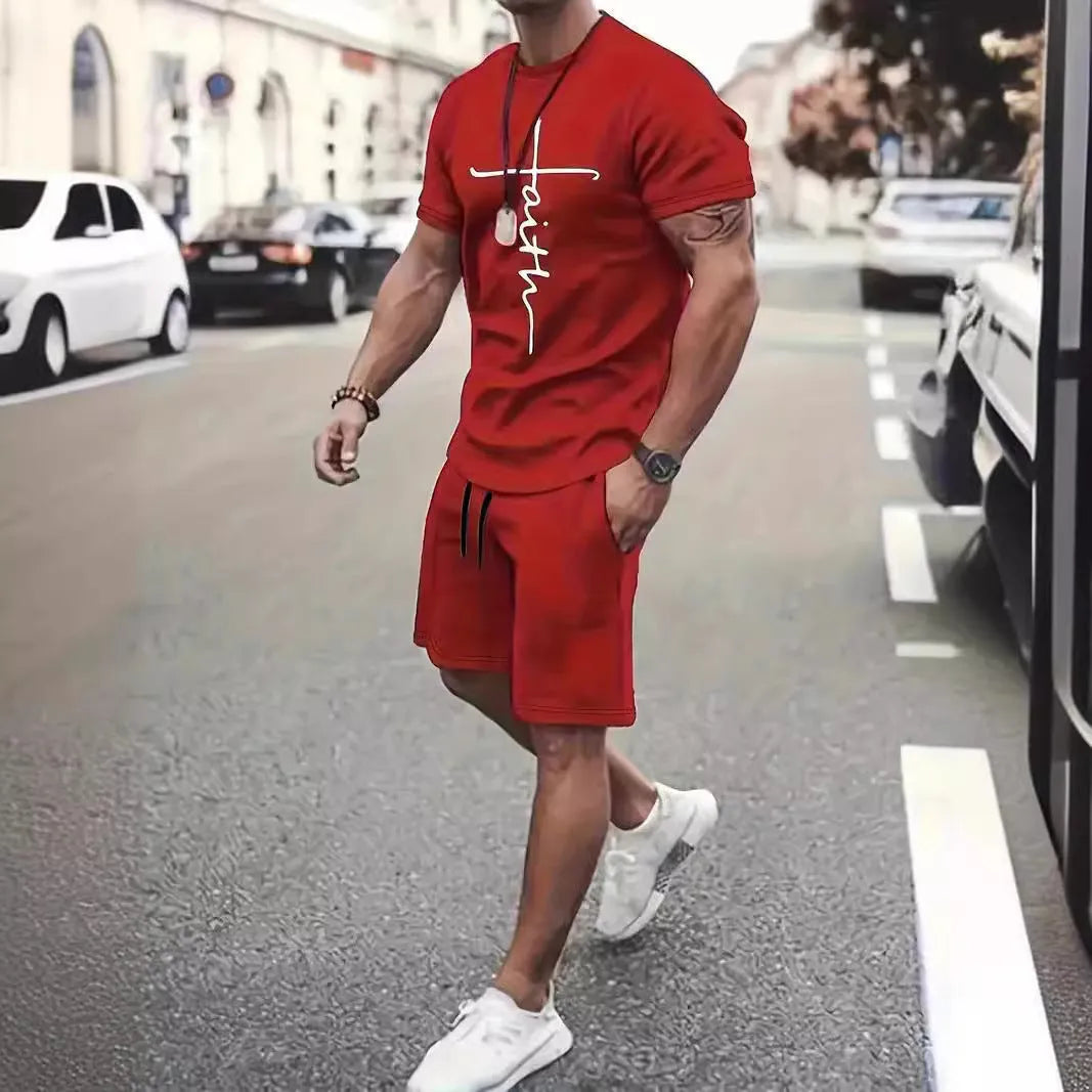 Casual sports suit round neck short sleeve 3D digital print two-piece set polyester fibre summer