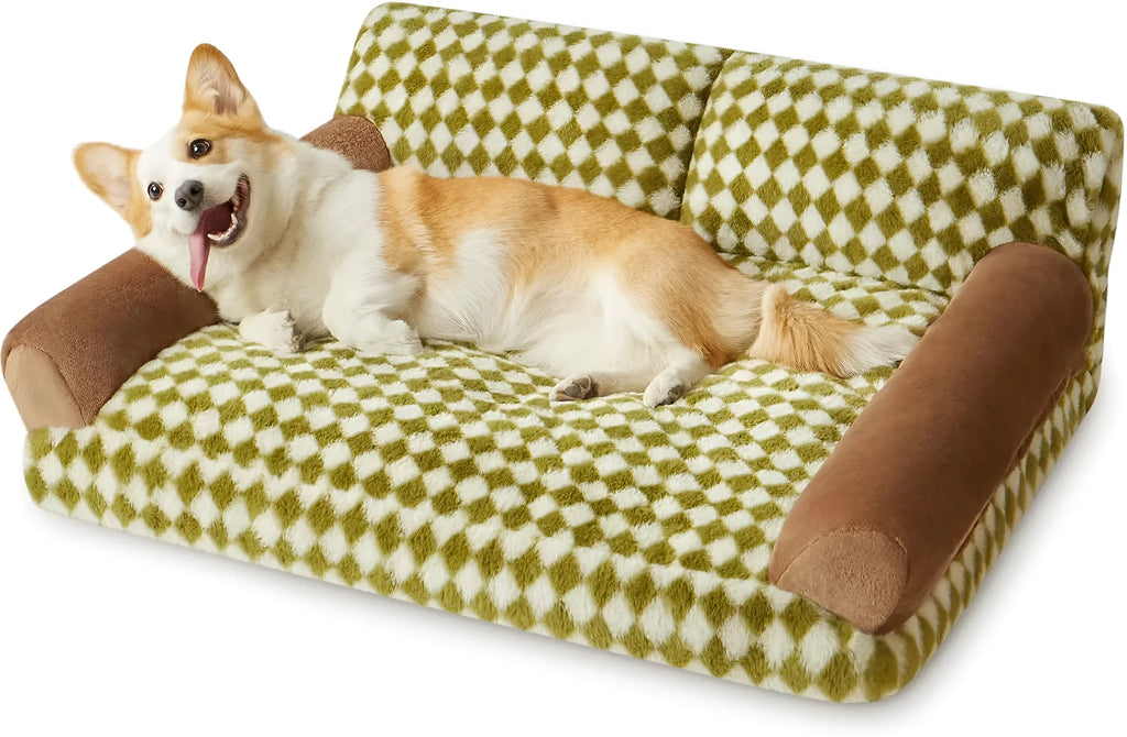 Grey checkered washable pet couch bed for small cat or dog on a wooden floor.