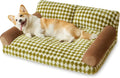 Grey checkered washable pet couch bed for small cat or dog on a wooden floor.