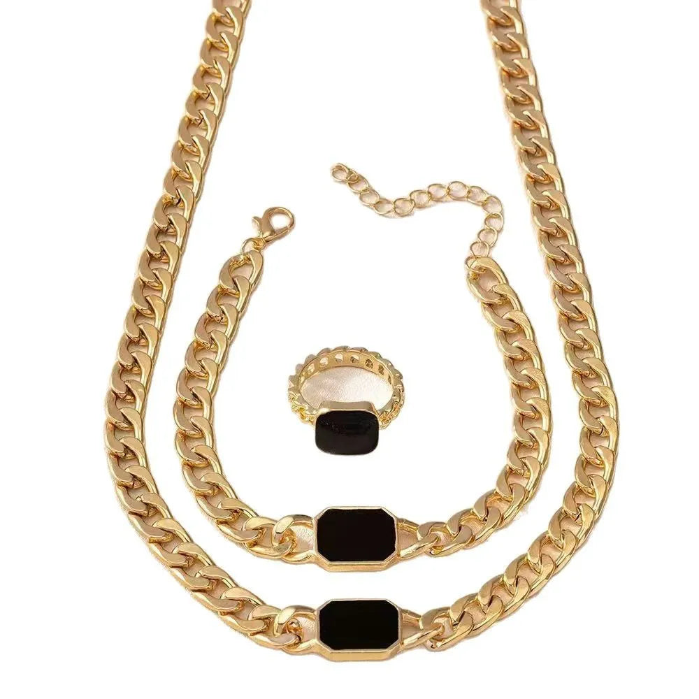 Geometric square chain jewellery set with necklace bracelet and ring in black electroplated alloy