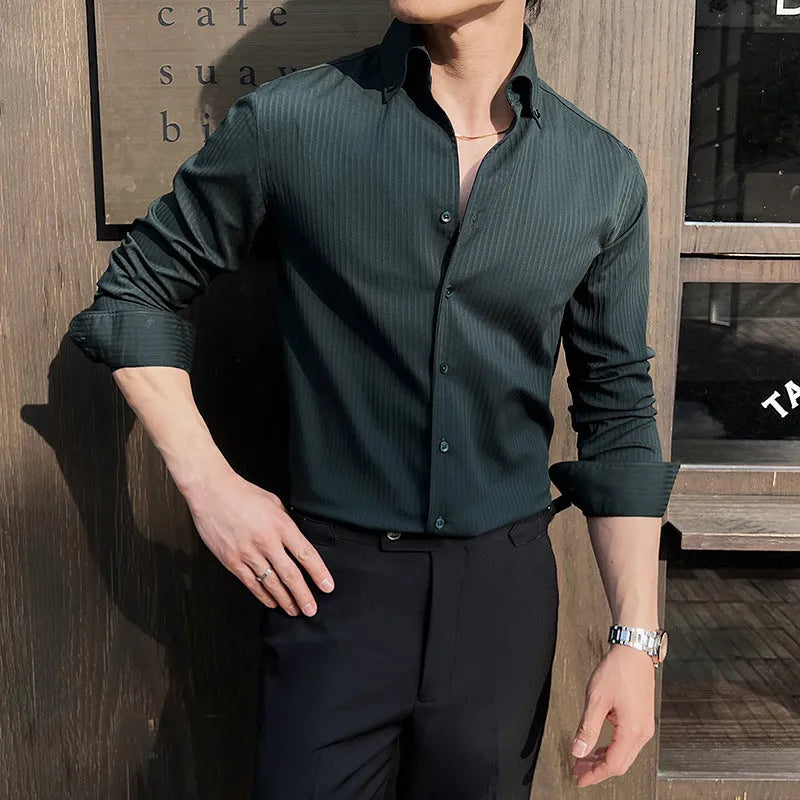 Men's dark stripes V-neck long sleeve cardigan shirt in chemical fibre blend fabric