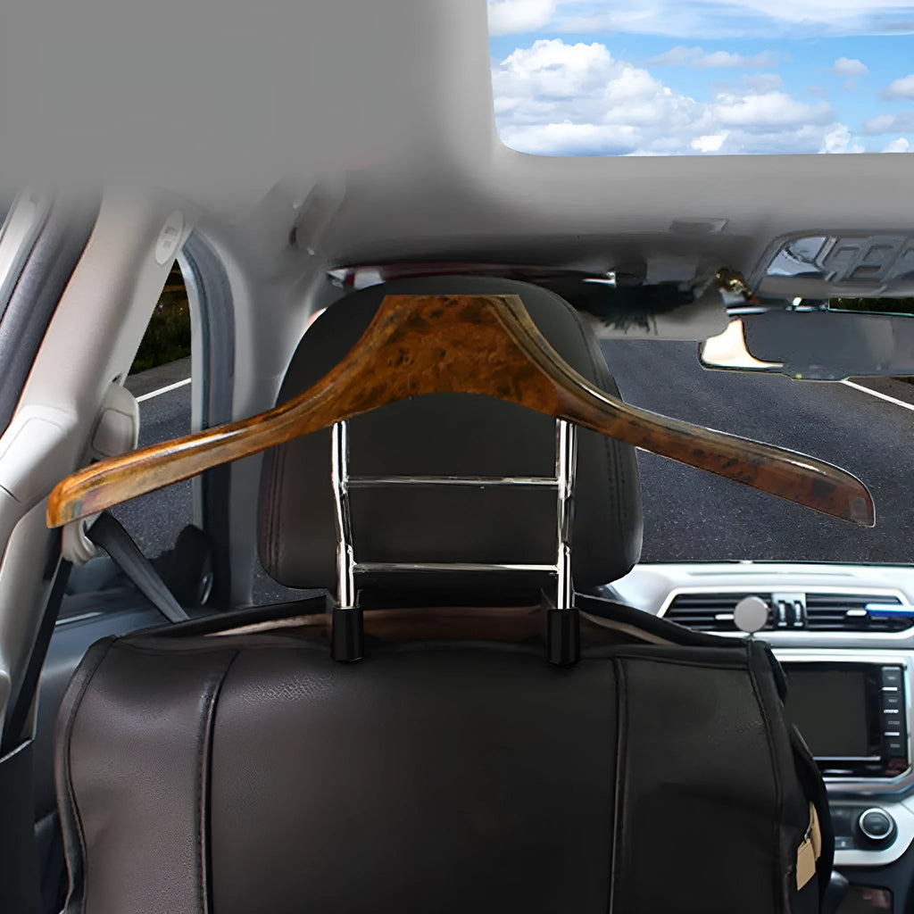 Wood yellow stainless steel car mounted clothes hanger showing dimensions.