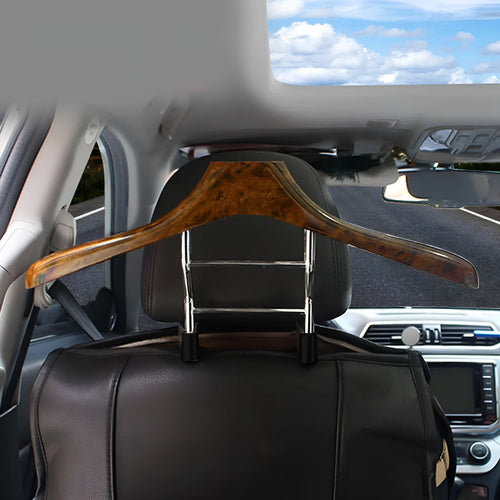 Wood yellow stainless steel car mounted clothes hanger showing dimensions.