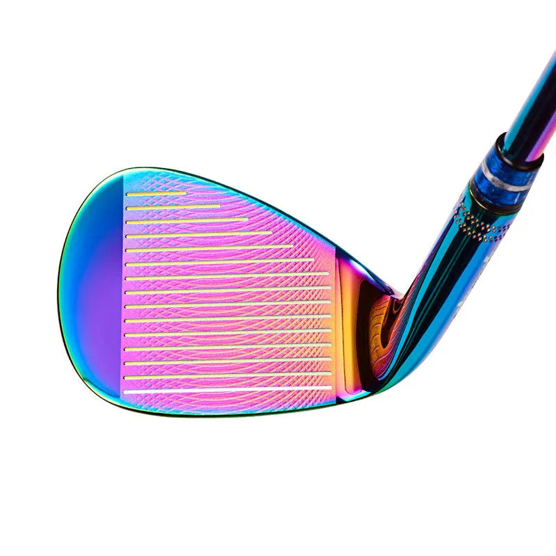 Forged golf wedge with blue electroplated finish, CNC-machined groove pattern on striking face, natural rubber grip, 890mm length