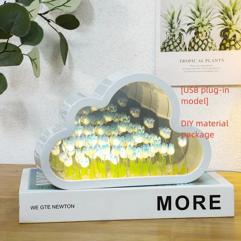 DIY cloud tulip decorative night lamp with LED lights and mirror surface for bedroom or desk