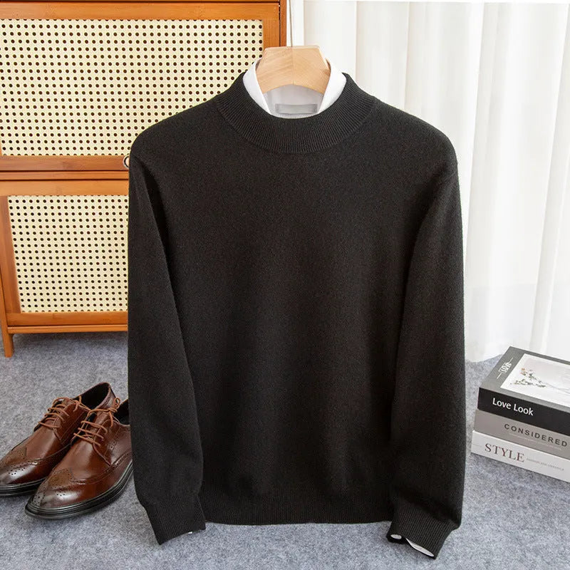 Men's half-turtleneck wool sweater in loose winter business style with thick rough yarn knit