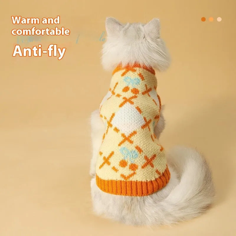 Orange diamond cherry fleece cat sweater for autumn and winter