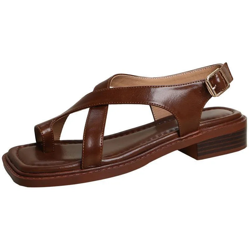 French retro brown toe ring sandals with ankle-strap buckle and square toe