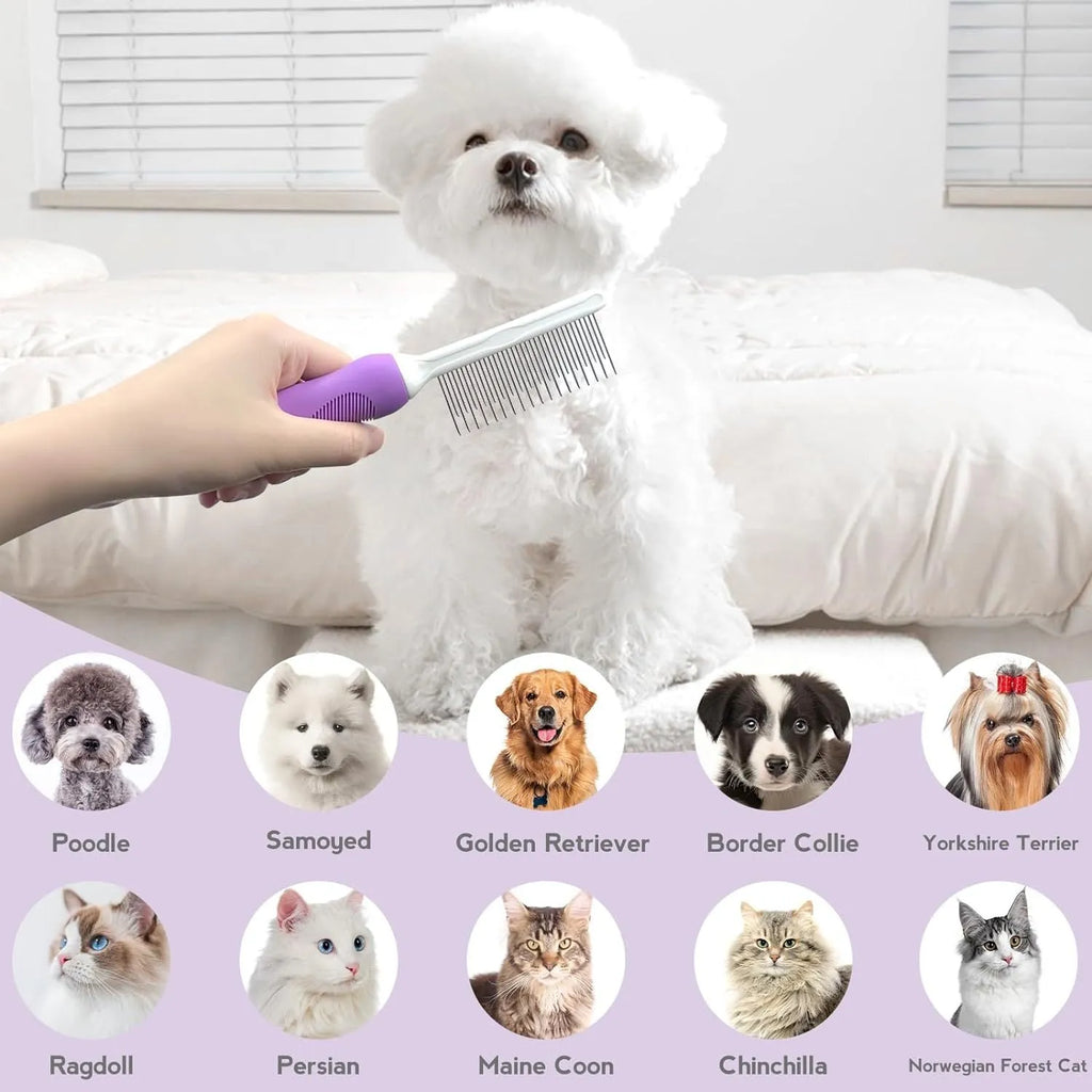 Purple pet grooming comb with stainless steel teeth for dogs and cats