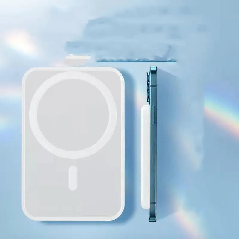 White portable power bank with magnetic wireless charging and 5000mAh capacity
