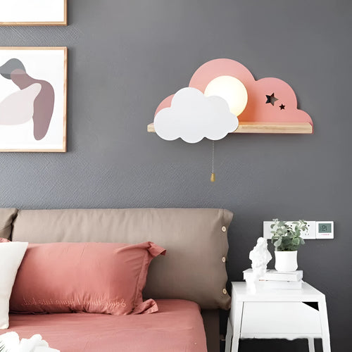 Glass cloud-shaped wall lamp with E27 bulb holder in grey, pink, or white finish.