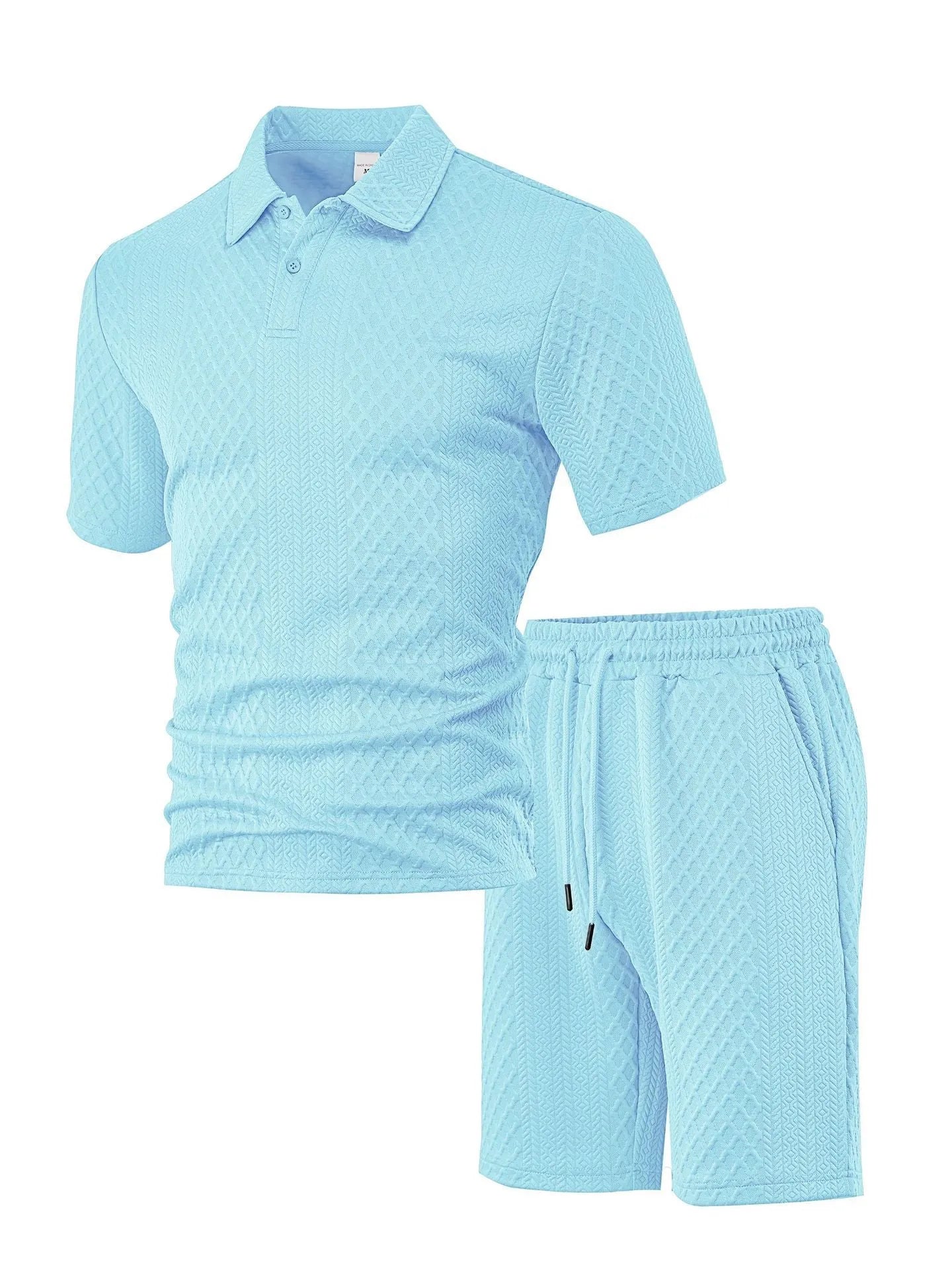 Men's pattern cloth casual short sleeve polo suit set with matching top and trousers in multiple colours