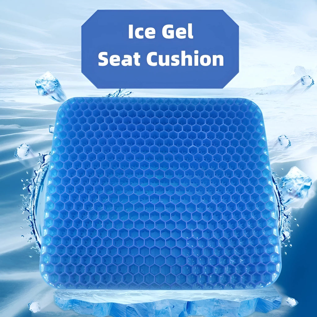 Solid colour gel seat cushion with honeycomb cooling design shown on a chair.