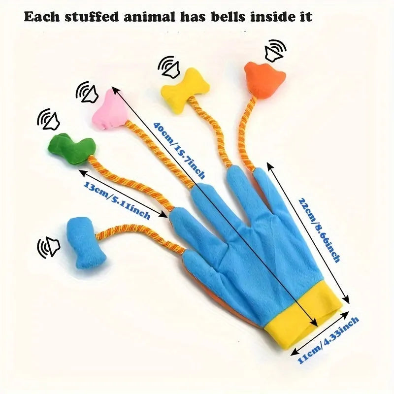 Yellow and blue plush magic glove cat toy with bell and trailer measuring 40cm long