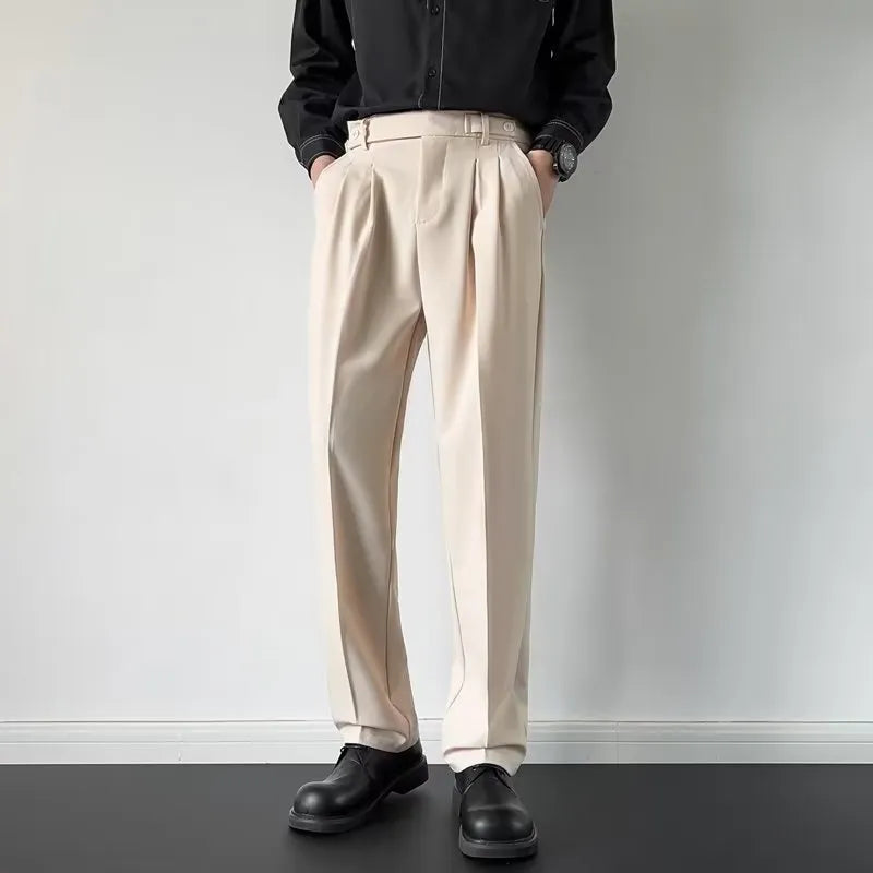Men's straight cut loose fitting suit trousers in black and apricot colours