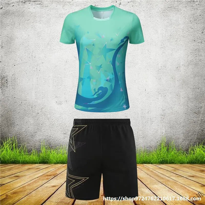 Badminton sportswear set with short-sleeved top and shorts, sapphire blue, polyester fibre, front view, size M