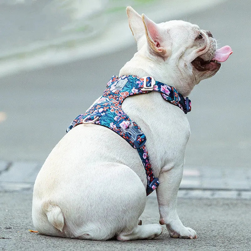 Floral pattern pet harness with chest strap in pure cotton fabric