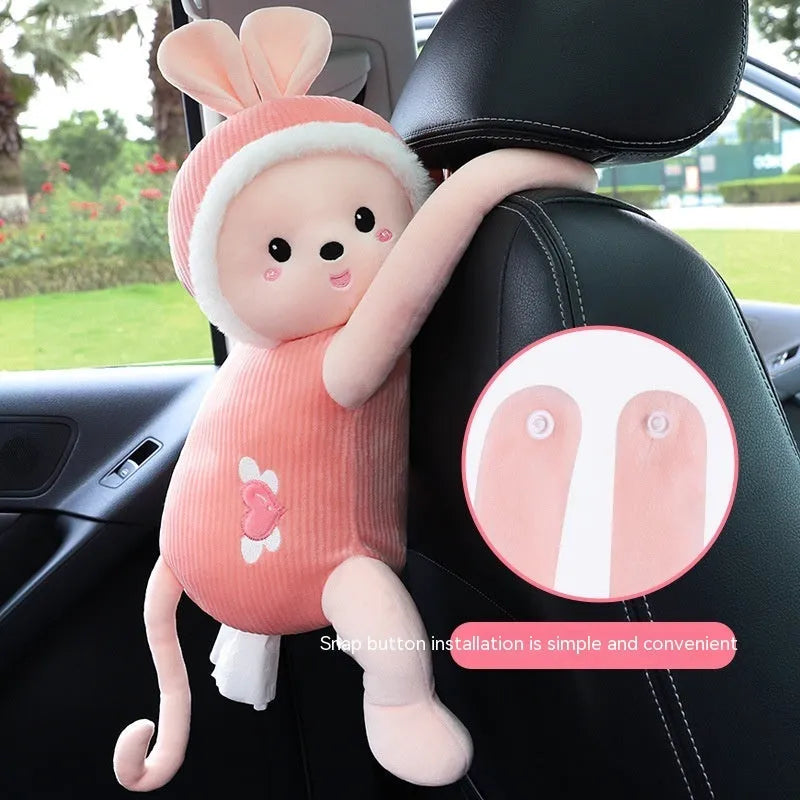 Soft plush car seat back tissue box holder with cute animal design
