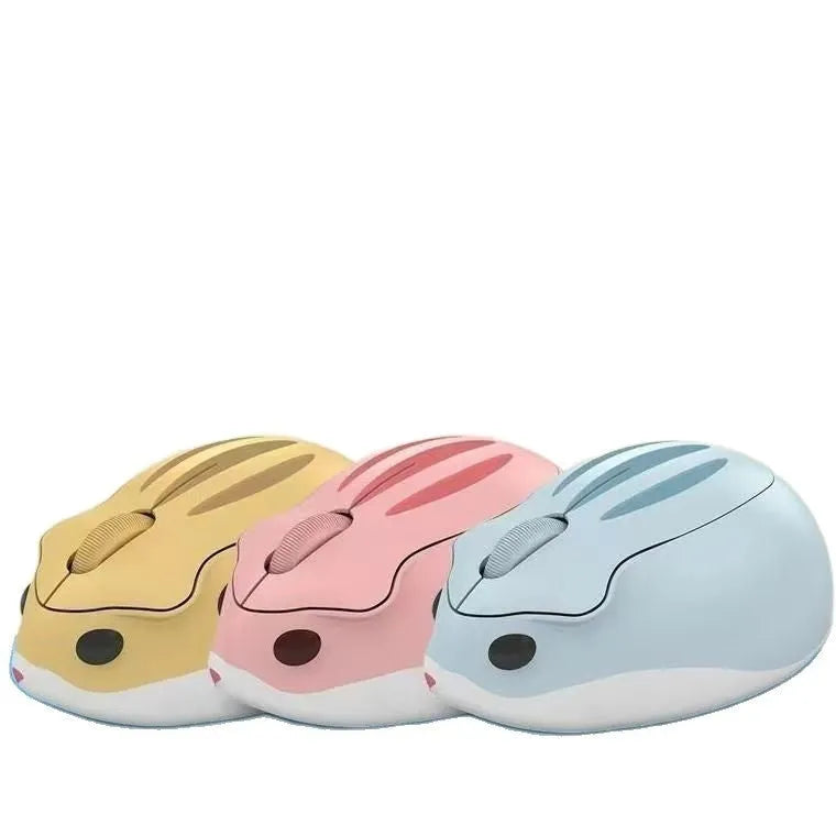 Hamster Wireless Bluetooth Mute Mouse in yellow, pink, or grey on a laptop.