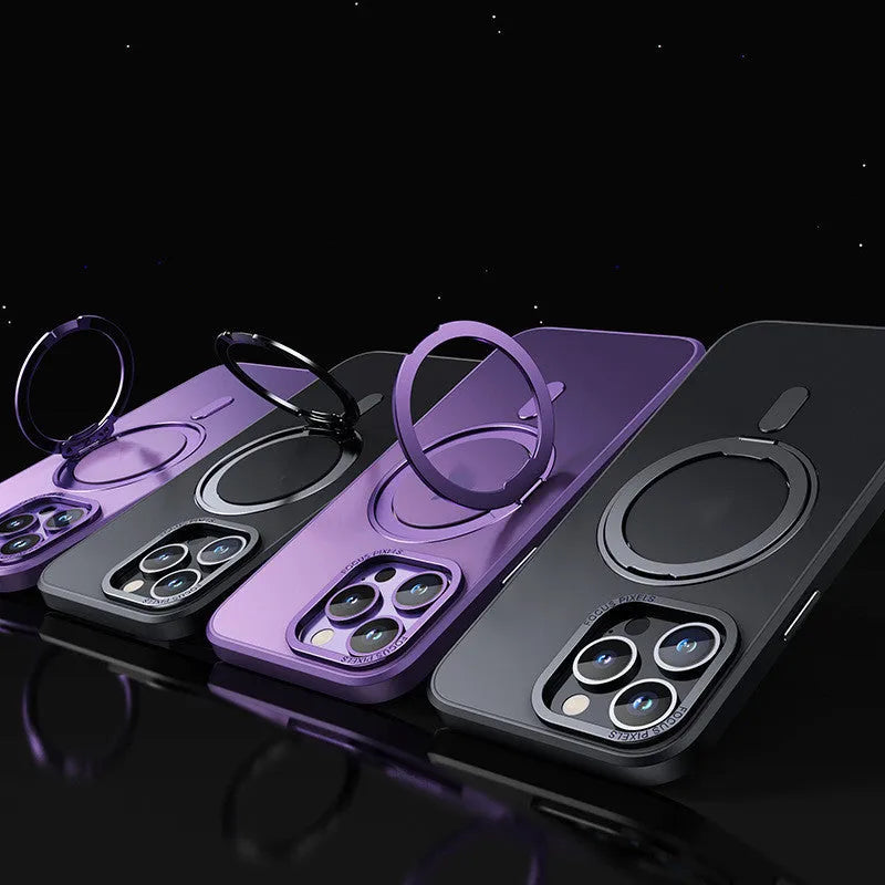 Transparent magnetic shockproof phone case for iPhone on a metallic surface.