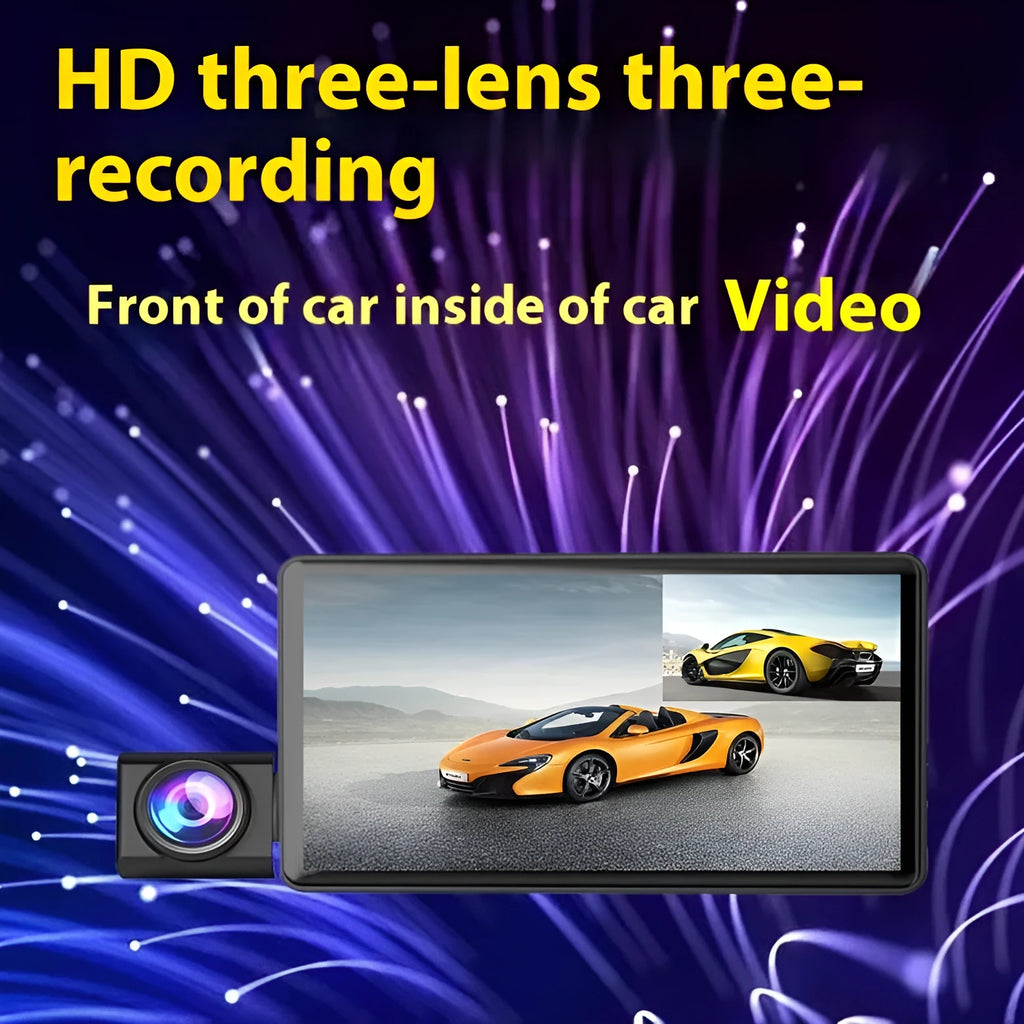 Black car dashcam with 4-inch touchscreen display showing dual camera view, mounted on a car windscreen.