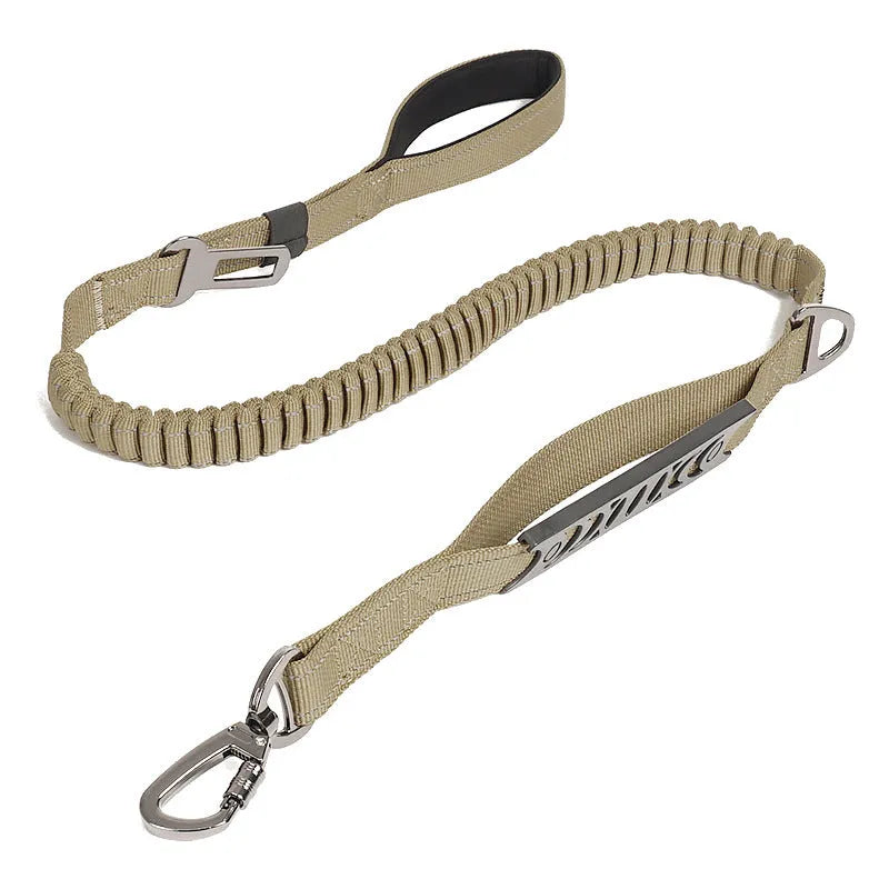 Black retractable reflective nylon traction belt for dogs with hand-held buffer grip