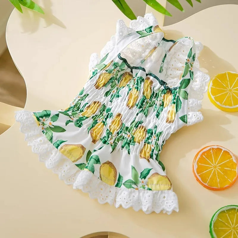 Rock yellow lemon coloured dog dress with thin straps and a skirt in a princess style.