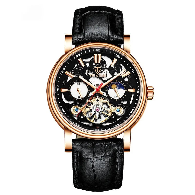 Men's tourbillon mechanical watch with luminous hands on a black leather strap