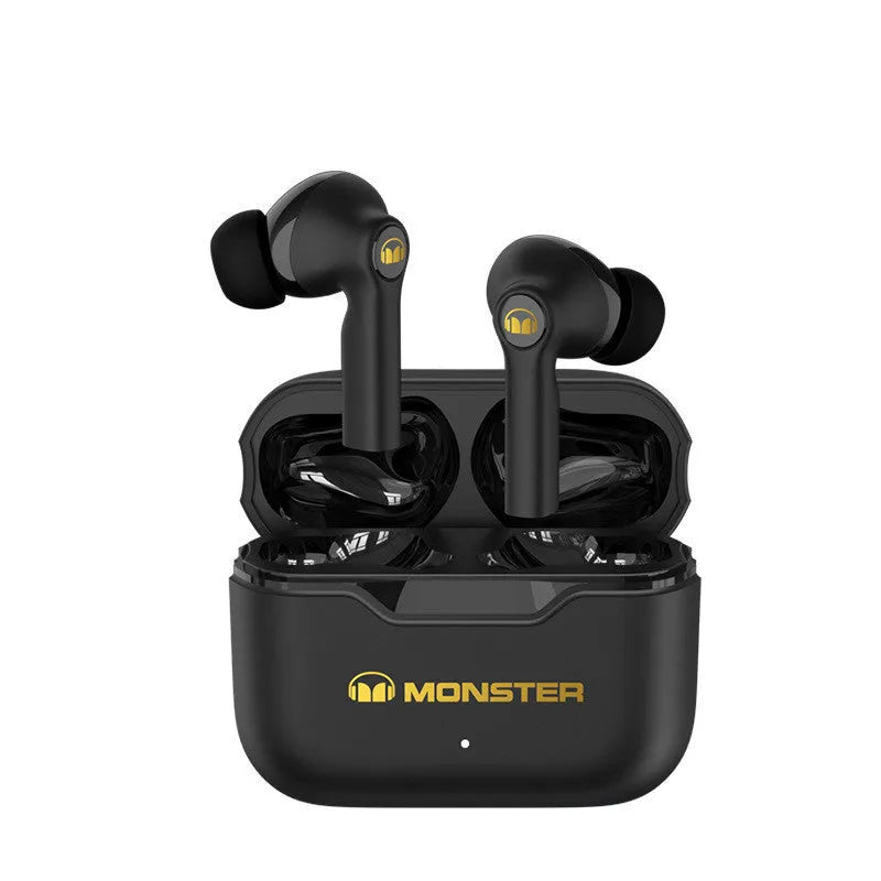 Wireless Bluetooth headset with black earpieces showing in-ear design and USB charging port