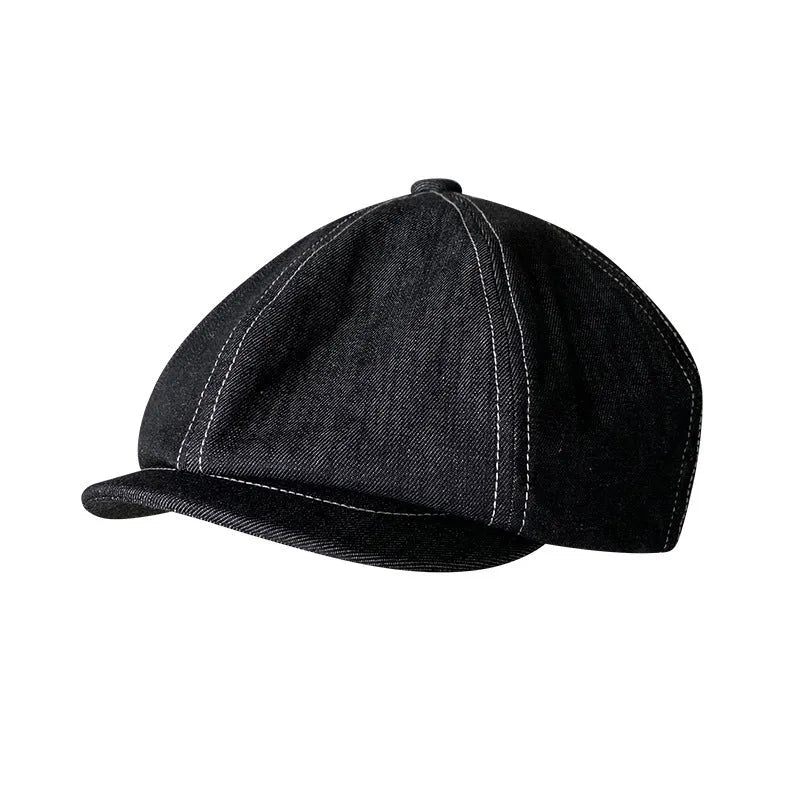Black Japanese denim fabric beret hat shown on model, retro style unisex headwear