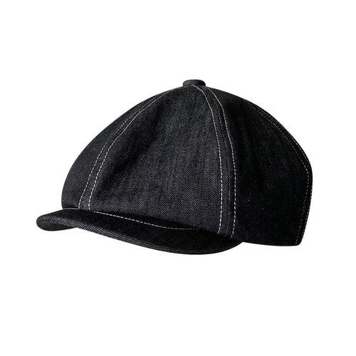 Black Japanese denim fabric beret hat shown on model, retro style unisex headwear