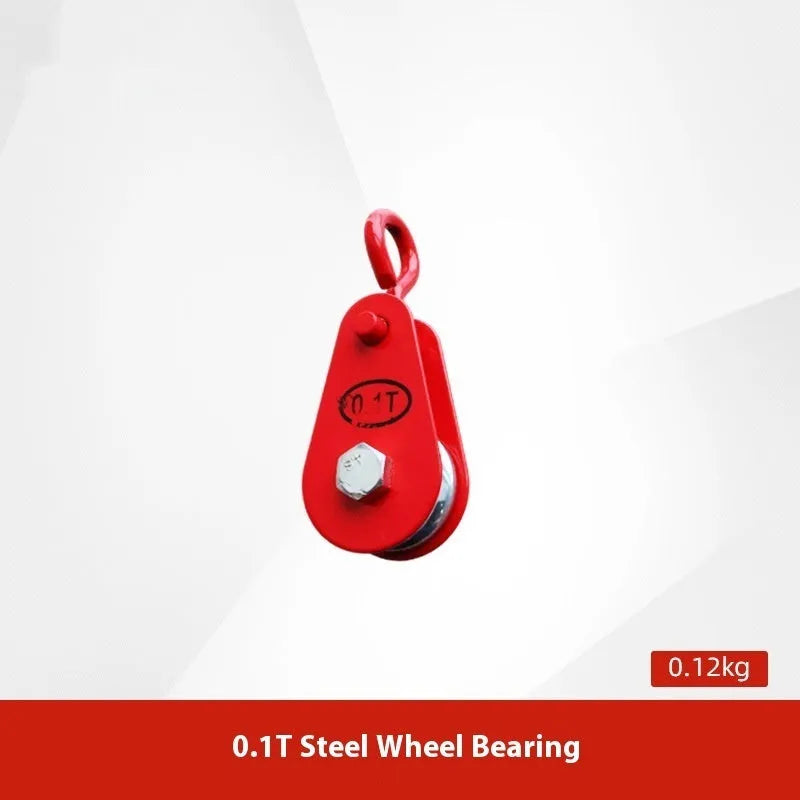 Red industrial lifting pulley with a forged steel safety latch hook and wire rope wheel.