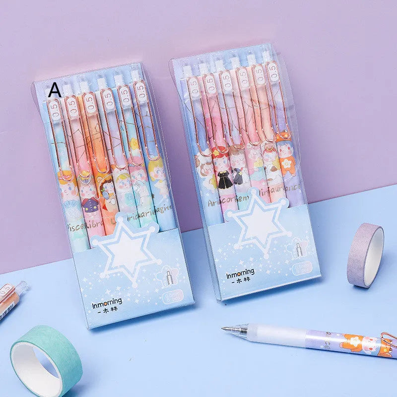 Six press gel pens with cartoon constellation designs, showing styles A and B.